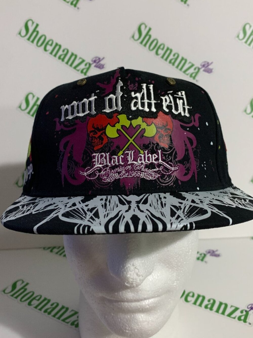 Black Label Hat Root Of All Evil Greed Skulls Paint Splatter Blac Snapback Cap